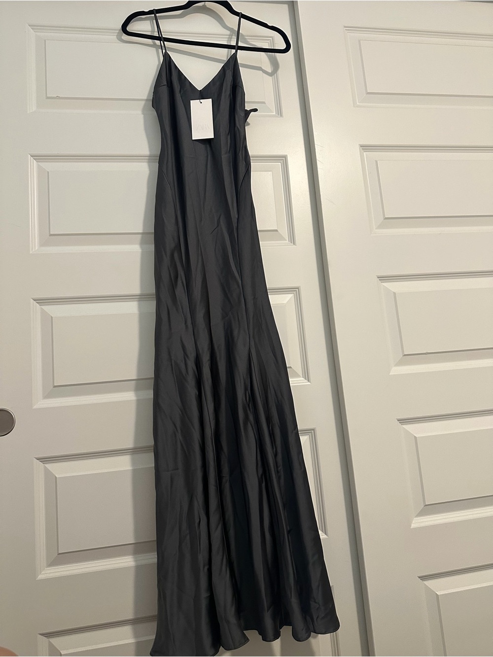 Zara Charcoal Black Satin Slip Maxi Dress with V-Neck